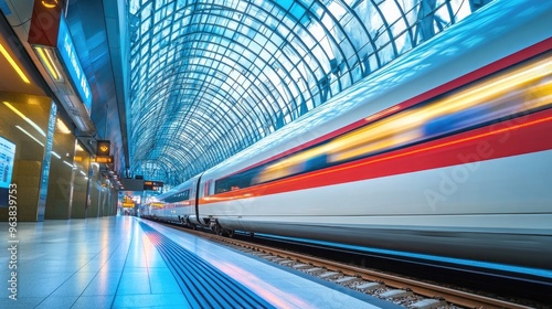 A fast-moving train blurs through a modern station, reflecting the efficiency of high-speed transportation.