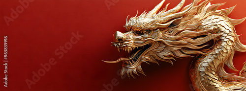 “A Golden Dragon Head with Sharp Teeth and Fangs Depicted in a Fierce Expression”
 photo