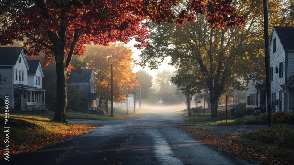 Foggy Autumn Street Scene with Houses and Trees Foggy Autumn Street Scene with Houses and Trees