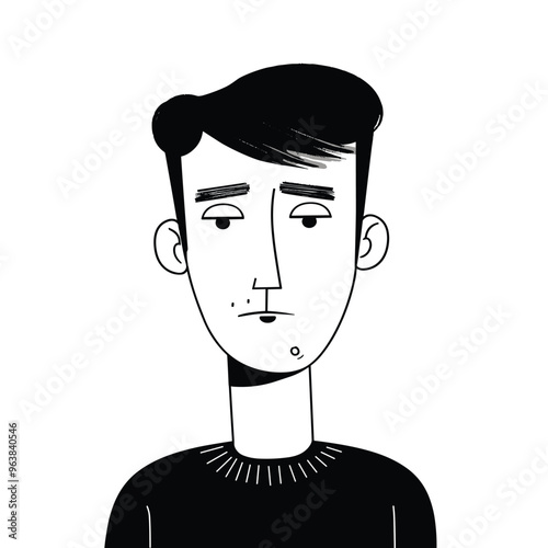 Monochromatic illustration of a young man with a pensive expression, simple style.