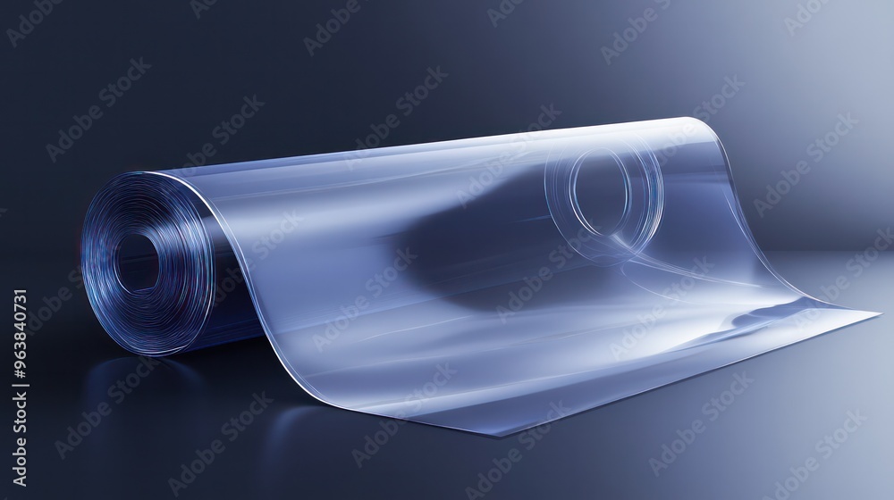 A roll of clear plastic is shown on a dark background. The plastic is shiny and reflective, and it is a thin, flexible material. Concept of modernity and innovation, as plastic is a versatile A roll of clear plastic is shown on a dark background. The plastic is shiny and reflective, and it is a thin, flexible material. Concept of modernity and innovation, as plastic is a versatile