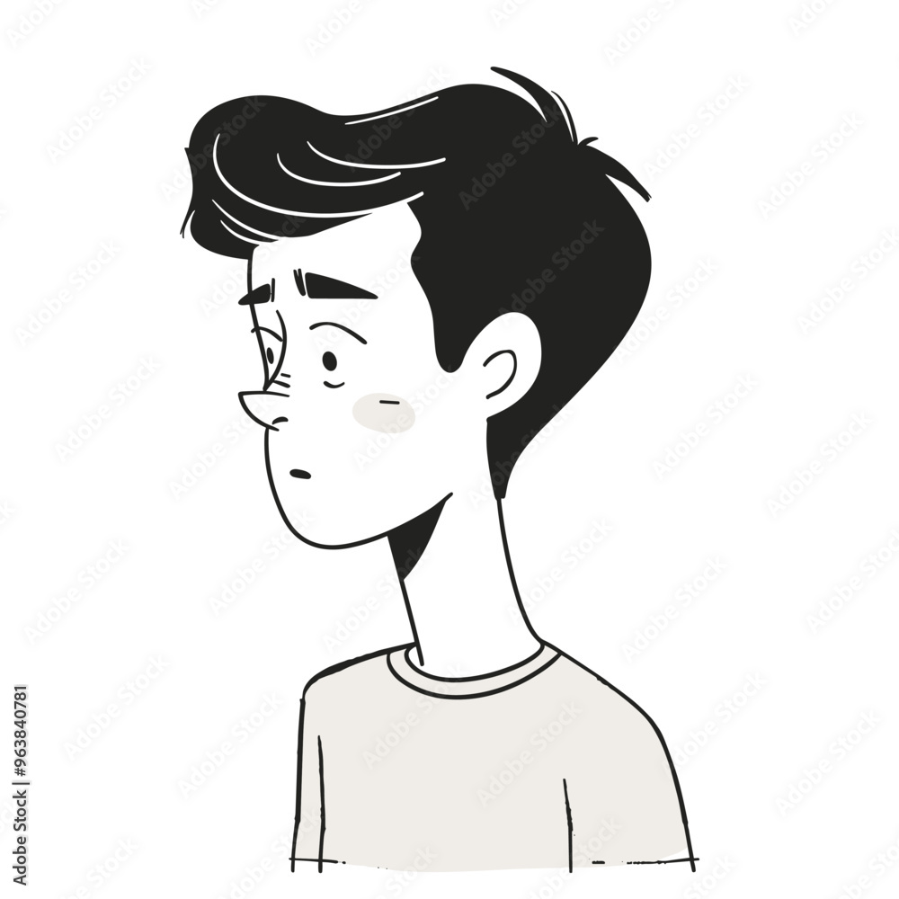 A black and white illustration of a young man with short hair looking to the side, appearing thoughtful. A black and white illustration of a young man with short hair looking to the side, appearing thoughtful.
