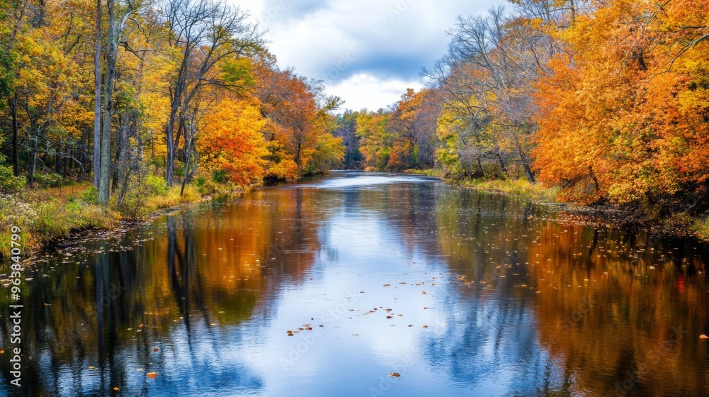 Fototapeta premium Autumn Leaves Reflected in Calm River Water