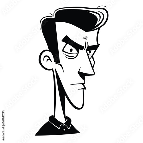 Black and white cartoon illustration of a serious man with sharp features and slicked back hair.