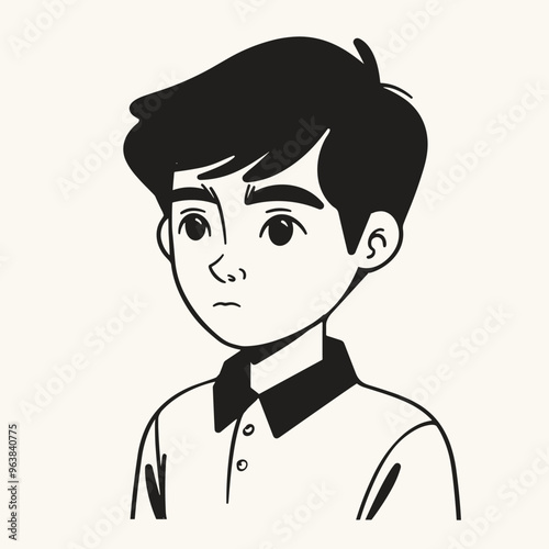 Black and white illustration of a young boy with serious expression, sketched in simple lines.