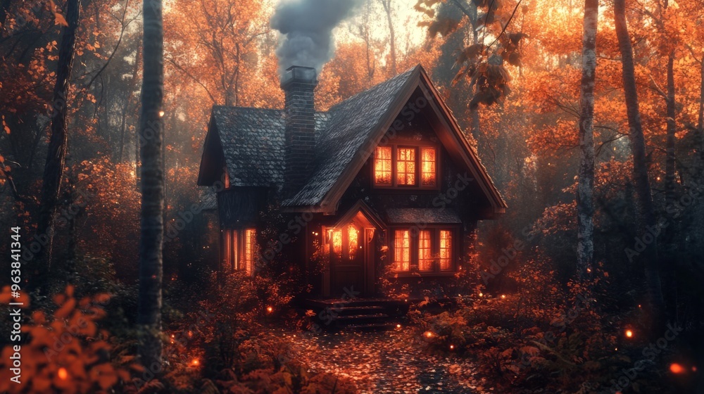 A Cozy Cabin Nestled in a Smoky Autumn Forest A Cozy Cabin Nestled in a Smoky Autumn Forest