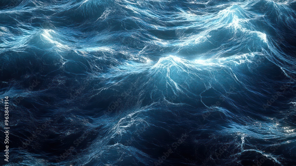 Obraz premium The image is of a large body of water with waves crashing against the shore. The water is a deep blue color, and the waves are large and powerful. Scene is one of awe and wonder