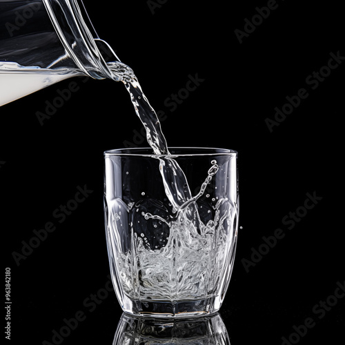 Pouring water from a pitcher into a glass isolated on black background.