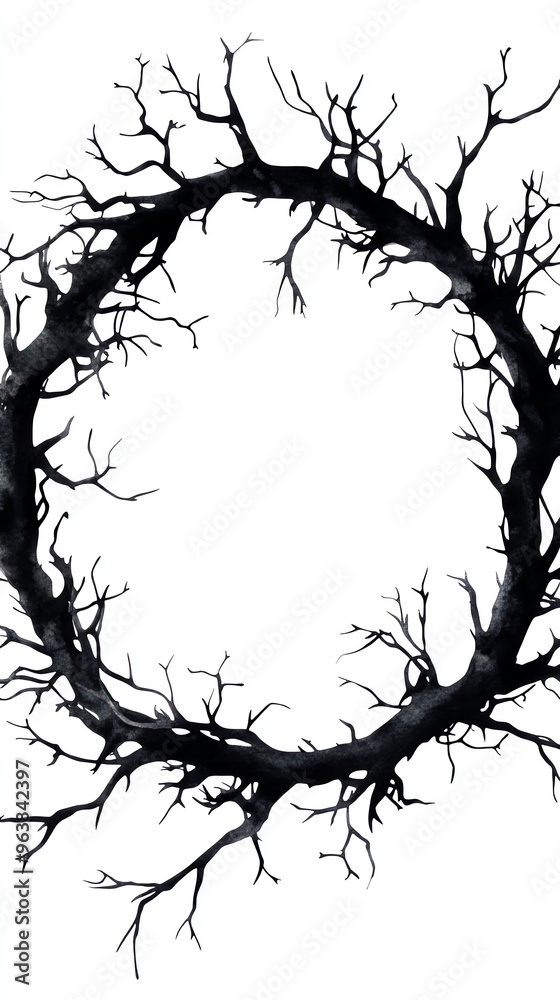 Fototapeta premium Halloween wreath clipart, spooky decor element, watercolor illustration, defined edges, wreath made of black branches, isolated on white background