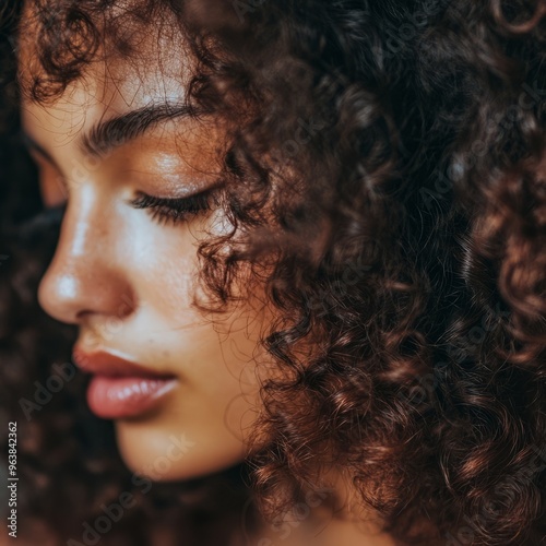 Close-up of a woman's face with curly hair, looking down with a thoughtful expression.