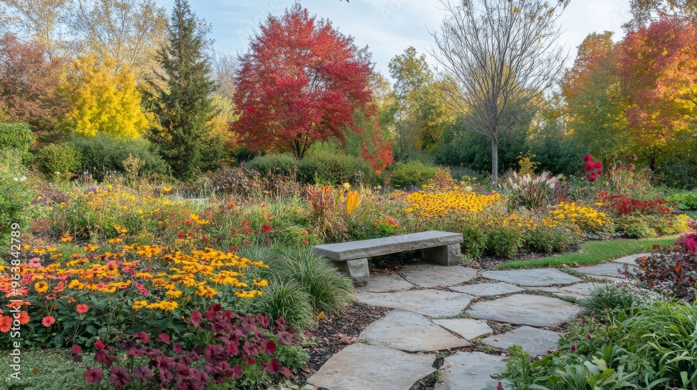 Naklejka premium Stone Bench in Autumnal Garden with Blooming Flowers and Trees