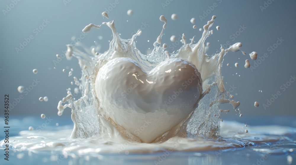 Obraz premium 3d milk splash in the shape of a heart valentines day romantic symbol liqui3d clip art isolate3d on blue backgroun3d white paint splashing