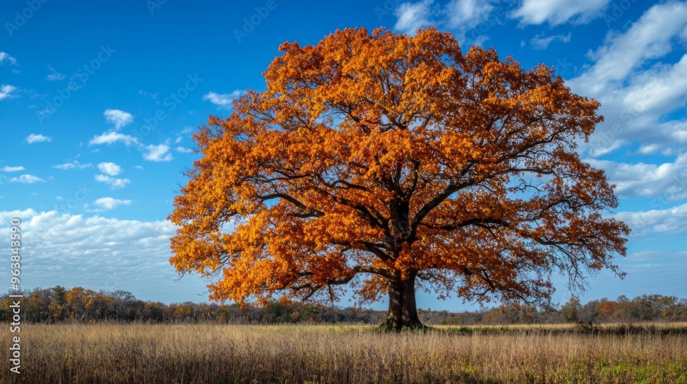 A Large Oak Tree With Golden Leaves Against A Blue Sky With White Clouds A Large Oak Tree With Golden Leaves Against A Blue Sky With White Clouds