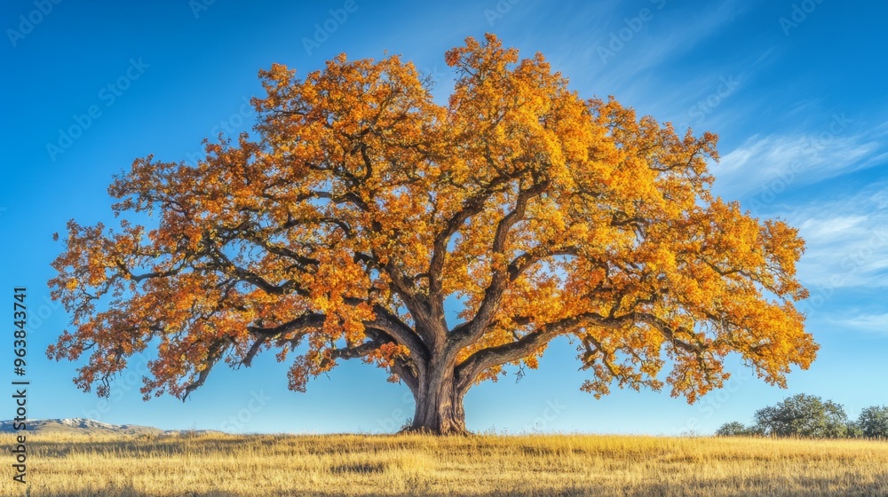 Fototapeta premium A lone oak tree with vibrant autumn foliage against a bright blue sky