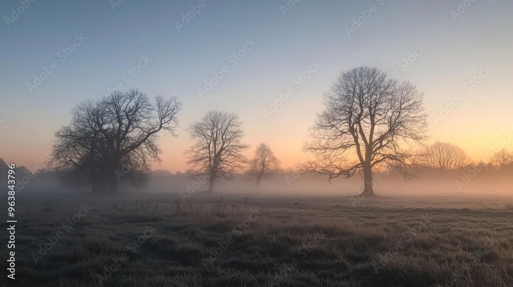 Silhouetted Trees in Foggy Field at Dawn Silhouetted Trees in Foggy Field at Dawn