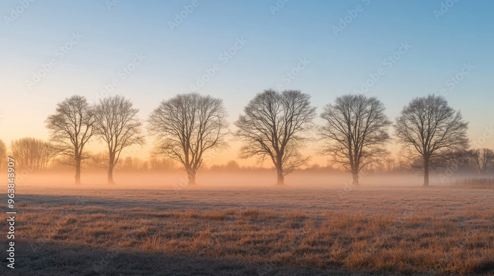 Silhouetted Trees in a Foggy Meadow at Sunrise Silhouetted Trees in a Foggy Meadow at Sunrise