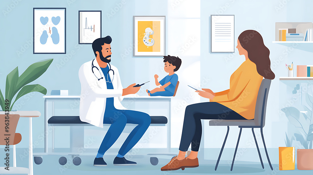 8. A doctor and a parent discussing the child's health while the child sits comfortably on an examination table. The doctor is holding a medical instrument and explaining something to the parent, 