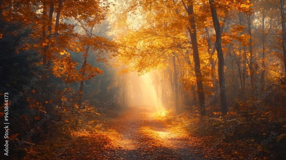 Fototapeta premium Sunlit Path Through Misty Autumn Forest