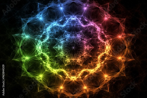 Glowing constellations abstract web and tech brilliance glowing circular mandala in vibrant rainbow hues symbolizing balance harmony and spiritual energy in digital art