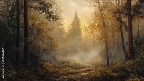 Misty Forest Path with Golden Leaves and Sunlight