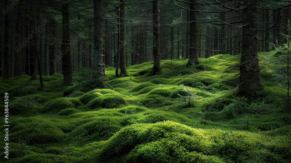 Lush green moss carpet covers the forest floor with tall pine trees surrounding it. Lush green moss carpet covers the forest floor with tall pine trees surrounding it.
