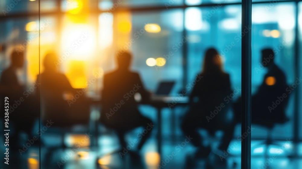 A modern meeting room with blurred silhouettes of businesspeople in the background, focusing on the atmosphere of collaboration. A modern meeting room with blurred silhouettes of businesspeople in the background, focusing on the atmosphere of collaboration.