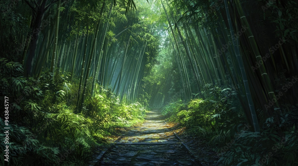 Fototapeta premium A narrow trail winds through a lush bamboo grove, offering a calm and enigmatic journey into nature.