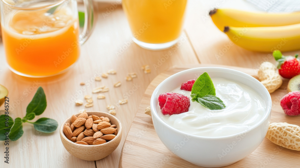 Healthy breakfast setup featuring yogurt topped with raspberries and mint, accompanied by fruits, nuts, and refreshing beverages Healthy breakfast setup featuring yogurt topped with raspberries and mint, accompanied by fruits, nuts, and refreshing beverages