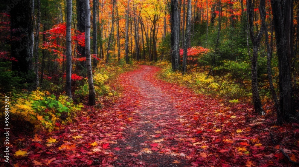 Forest Path Covered in Vibrant Red and Yellow Autumn Leaves Forest Path Covered in Vibrant Red and Yellow Autumn Leaves
