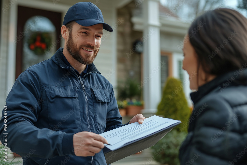 A courier handing over a signed delivery receipt to a customer at their doorstep. The courier is dressed in uniform, holding the receipt for the customer to sign. A courier handing over a signed delivery receipt to a customer at their doorstep. The courier is dressed in uniform, holding the receipt for the customer to sign.