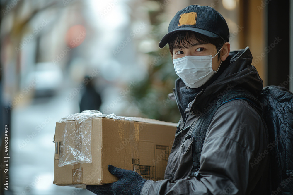 a delivery person wearing a mask while interacting with a customer or preparing a delivery. The delivery person s uniform and mask are clearly visible. a delivery person wearing a mask while interacting with a customer or preparing a delivery. The delivery person s uniform and mask are clearly visible.