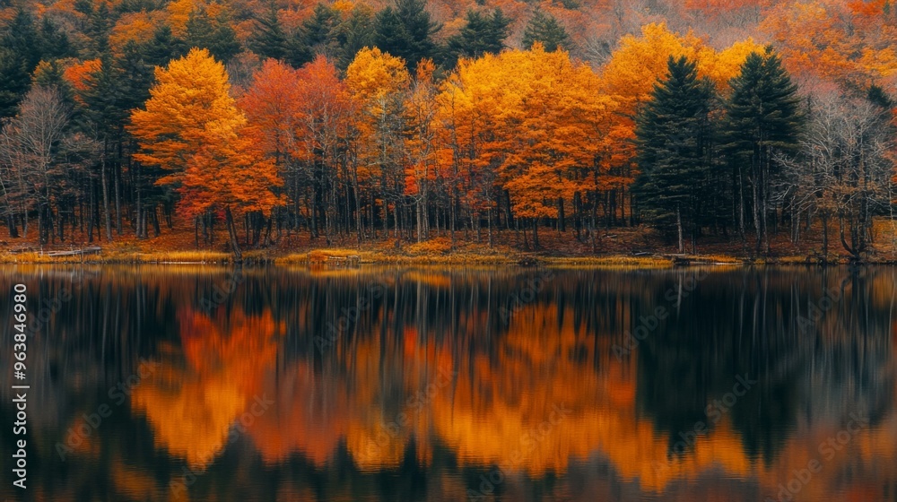 Obraz premium Autumn Trees Reflected in Still Water
