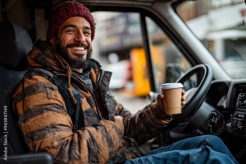 a driver enjoying a coffee break inside a delivery van. The driver is seated in the driver s seat with a coffee cup in hand, smiling and relaxed. The van s interior. a driver enjoying a coffee break inside a delivery van. The driver is seated in the driver s seat with a coffee cup in hand, smiling and relaxed. The van s interior.
