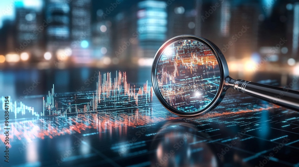 Magnifying glass over a falling interest rate chart Magnifying glass over a falling interest rate chart