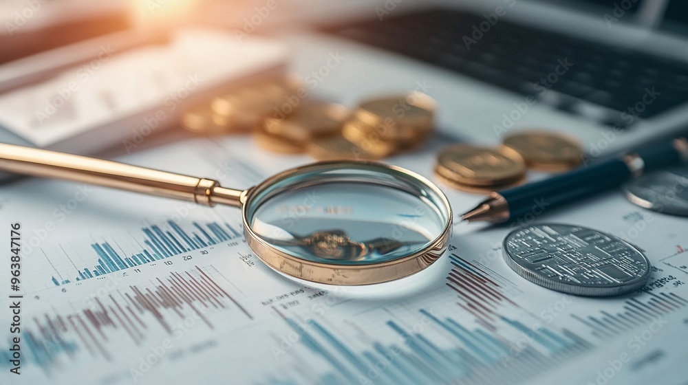Magnifying glass over a falling interest rate chart Magnifying glass over a falling interest rate chart