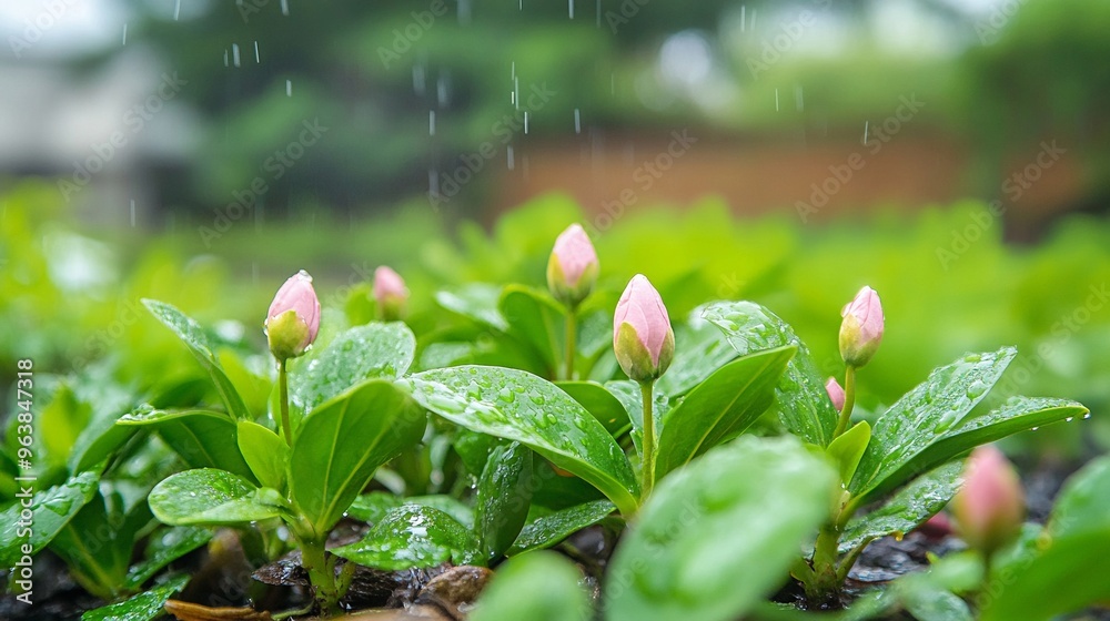 New flower buds in a garden after rain New flower buds in a garden after rain