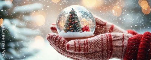 Two hands wearing knitted gloves holding a snow globe with a Christmas tree inside, snowy background full of holiday cheer.