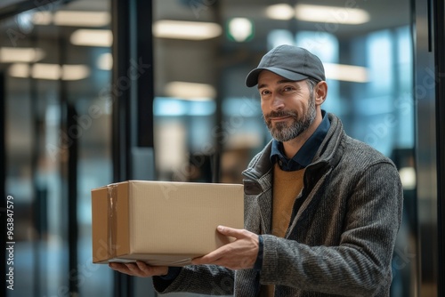 A delivery in progress at an office building. The courier is shown carefully placing the package at the reception area or handing it to an office staff member.