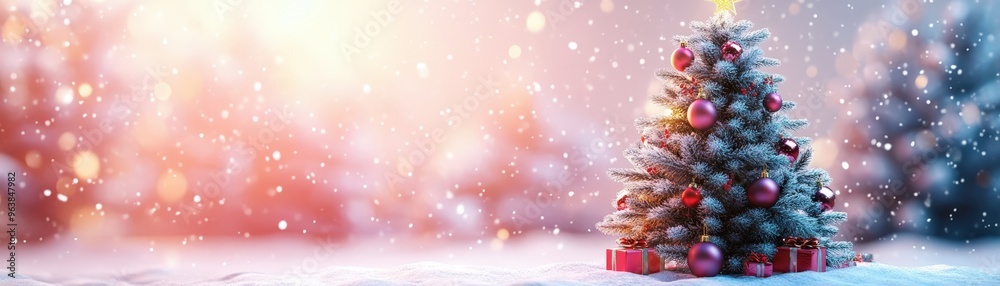 Fototapeta premium Snow-covered Christmas tree with bright decorations, isolated on a light background, 3D Blender cute style,