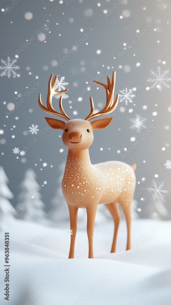 Reindeer ornament with snowflakes falling, isolated on a soft white background, vibrant 3D Blender style, Reindeer ornament with snowflakes falling, isolated on a soft white background, vibrant 3D Blender style,