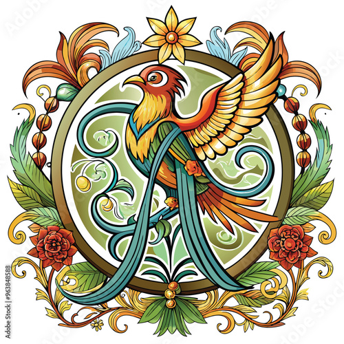 bird Illustration Artwork wirh flower and lef ornament