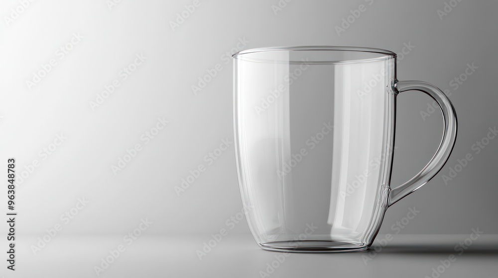 A clear glass cup is sitting on a table. The cup is empty and has a smooth, shiny surface. Concept of simplicity and elegance, as the cup's transparency and cleanliness are emphasized A clear glass cup is sitting on a table. The cup is empty and has a smooth, shiny surface. Concept of simplicity and elegance, as the cup's transparency and cleanliness are emphasized