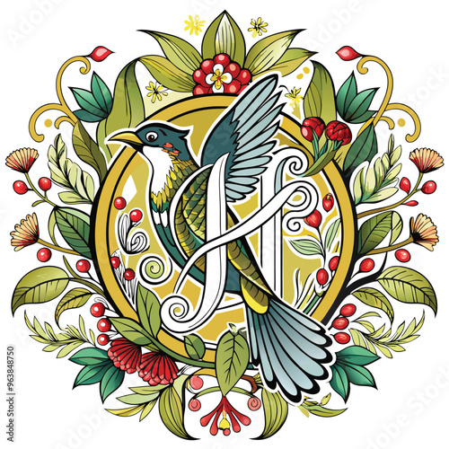 bird Illustration Artwork wirh flower and lef ornament