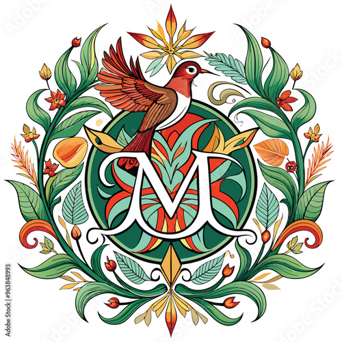 bird Illustration Artwork wirh flower and lef ornament