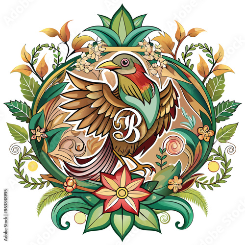 bird Illustration Artwork wirh flower and lef ornament