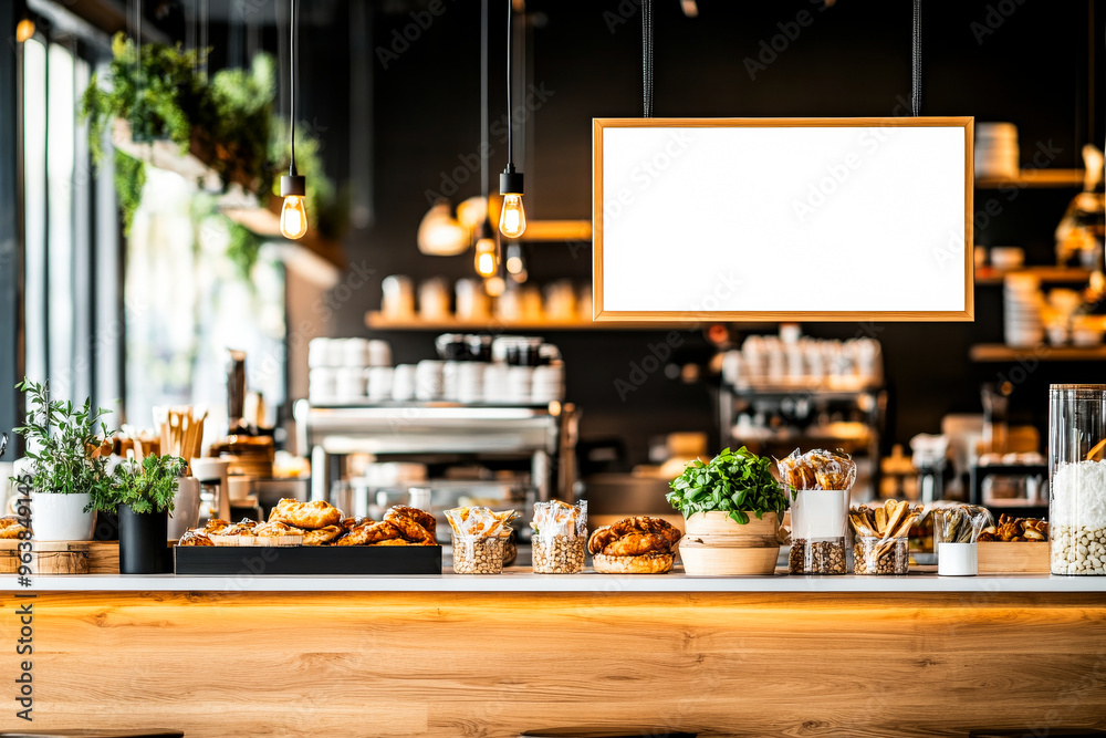 Modern Cafe Counter with Blank Sign: A sleek and stylish cafe counter with a blank sign, inviting customers to linger and savor the moment. Modern Cafe Counter with Blank Sign: A sleek and stylish cafe counter with a blank sign, inviting customers to linger and savor the moment.