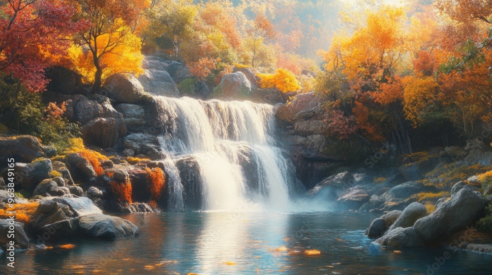 A Cascading Waterfall in an Autumnal Forest A Cascading Waterfall in an Autumnal Forest