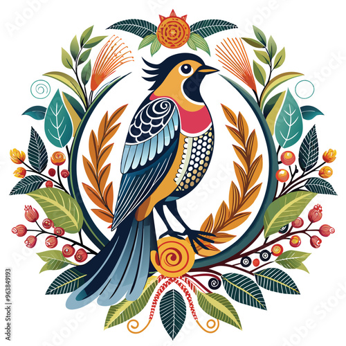 bird Illustration Artwork wirh flower and lef ornament