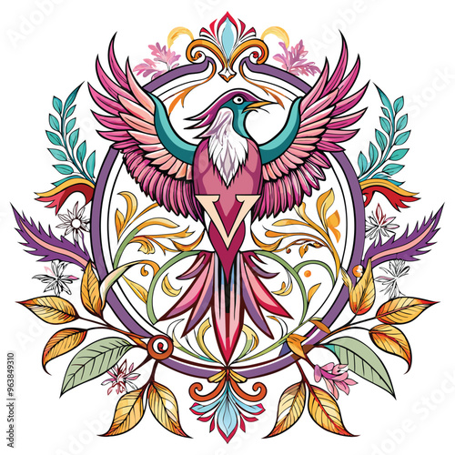 bird Illustration Artwork wirh flower and lef ornament