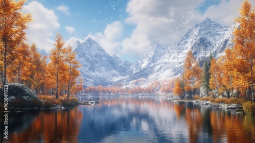 Snow-capped Mountains Reflecting in a Still Lake with Autumn Trees